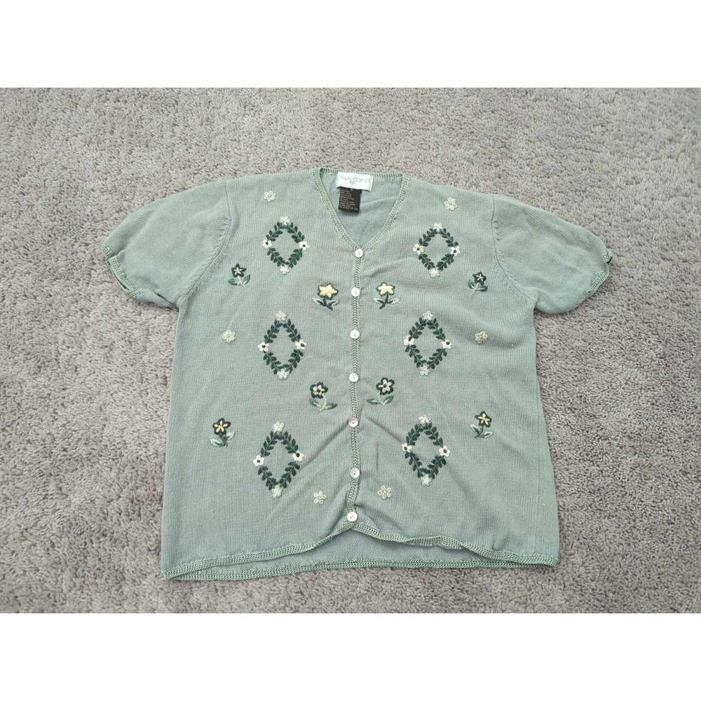 Casual Corner Knit Top Womens M Green‎ Floral Embroidery Made in Hong Kong